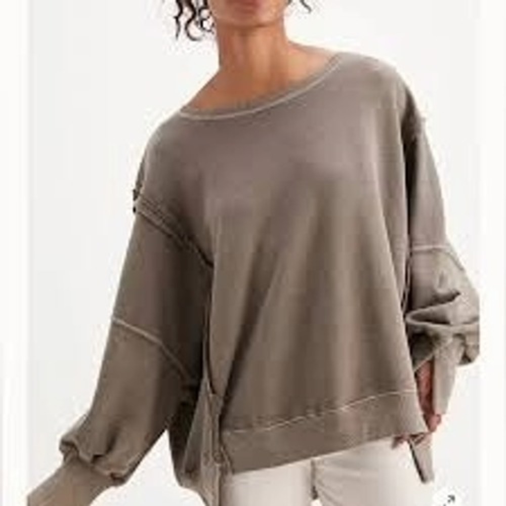 031 We The Free Free People Oversized Raw Seam Sweatshirt Olive Brown (L, EUC)
